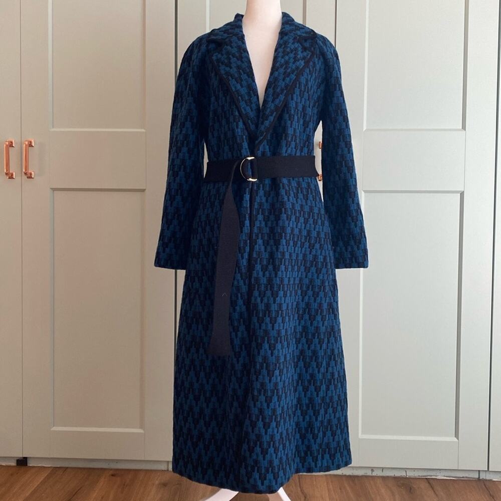 NWT St John Chevron Knit Belted Trench Coat in Teal Blue and Black sz Small